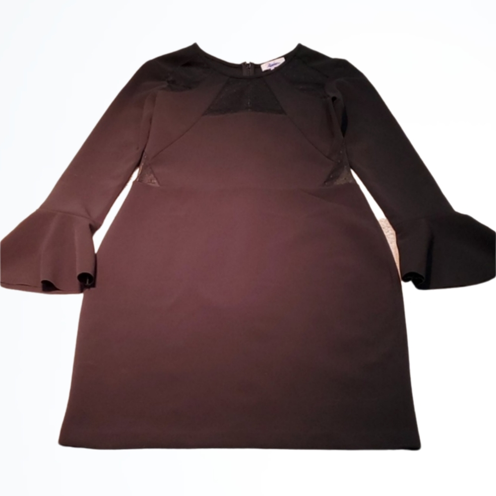 Black Swissdot Long Bell Sleeve Cutou Parker Sheath Dress Size Medium Bust 35